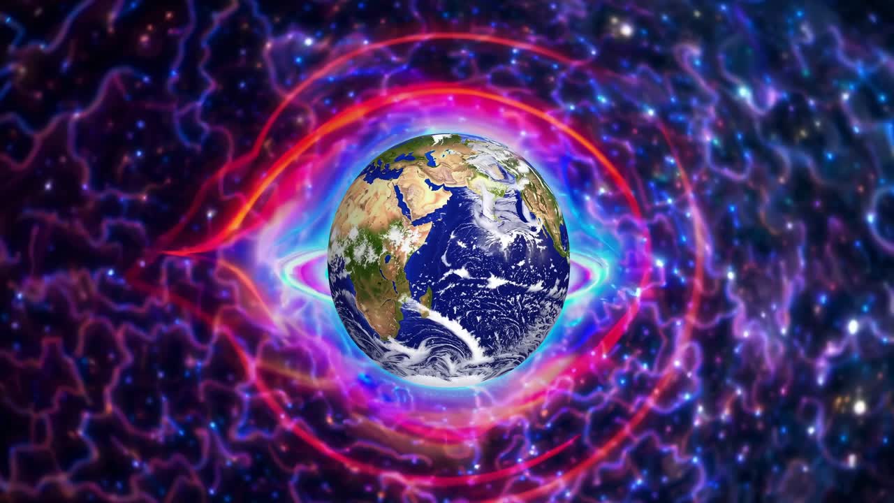 Planet Earth rotating slowly, encircled by vibrant cosmic rings, radiating colorful energy against starry nebulae background, representing universal interconnectedness and celestial beauty
