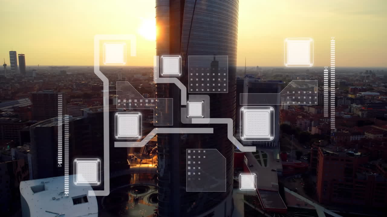 Animation of digital network sharing data over modern city at sunset