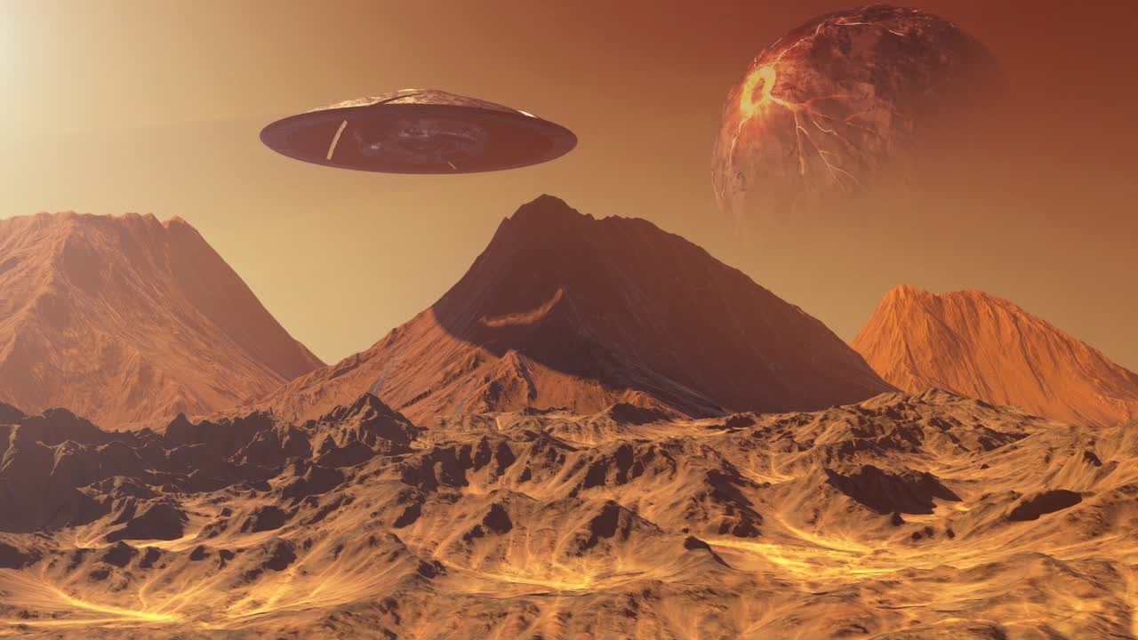 Massive Ufo saucer hovering over mountain in alien planet