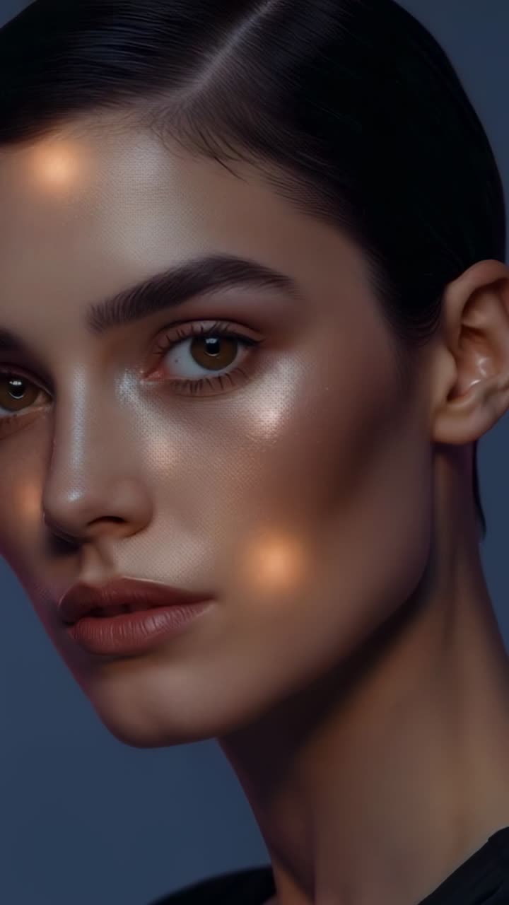 Video verticale: punti luminosi che invitano il modello a inclinare la testa, zoom della camera che mostra trucco, top scuro, studio