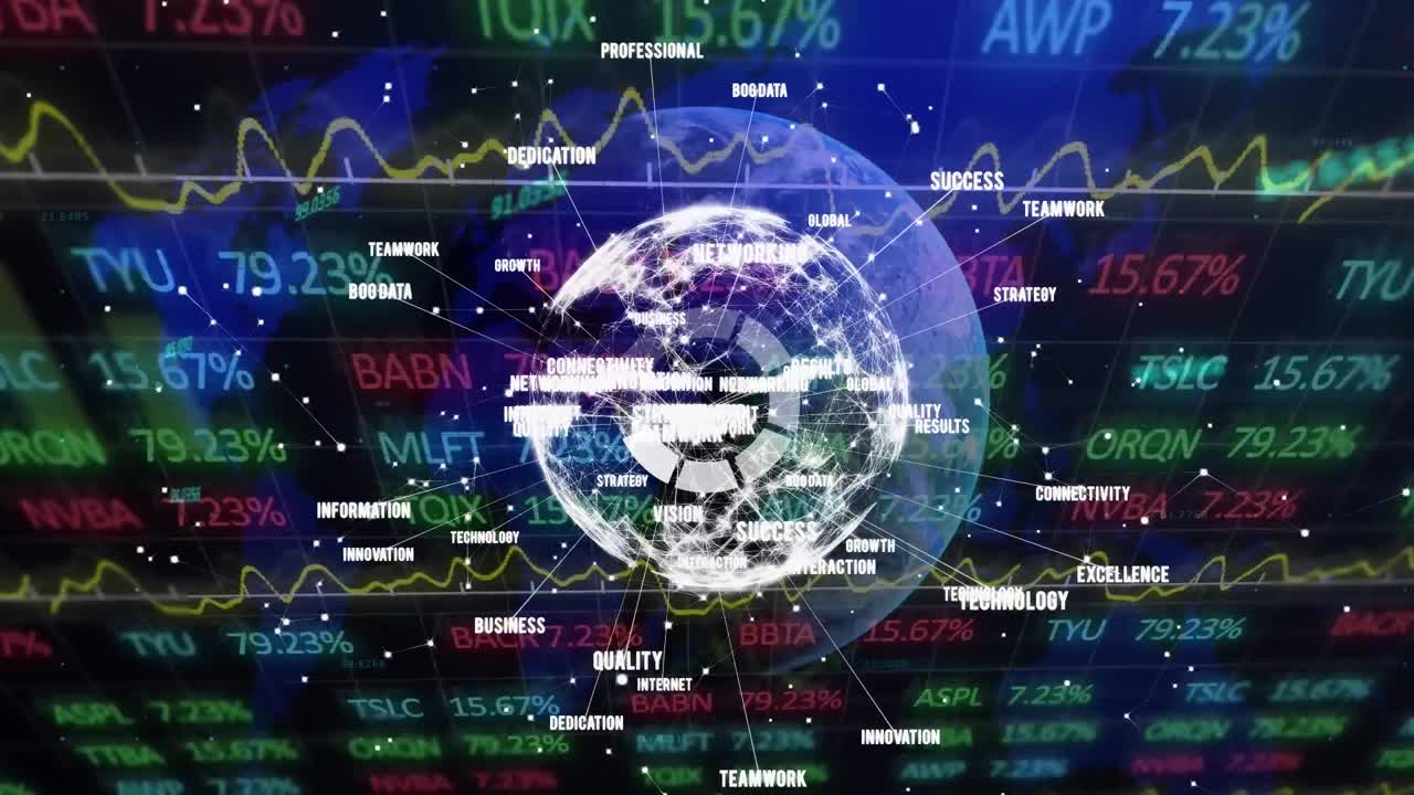 animación del globo con conexiones y procesamiento de datos financieros