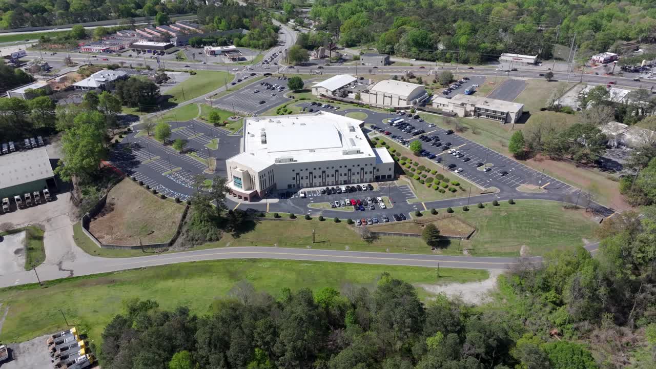 Modern community center and parking lot, Decatur city green neighbourhood, Atlanta, Georgia, Drone, Establishing