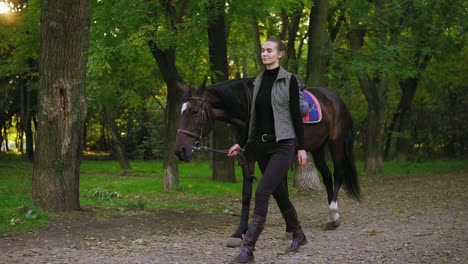 young happy female horse rider is walking with brown horse with white spot on forehead in park during sunny day holding leather