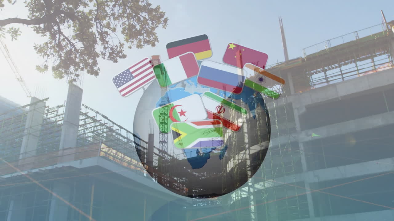 Digital 3D render globe showing flags floating above concrete construction frame with scaffolding