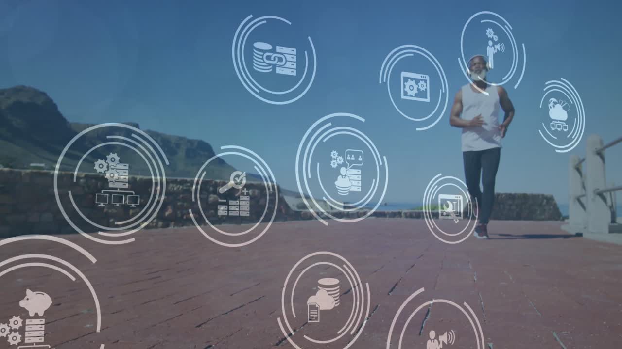 해변에서 달리는 노인 아프리카계 미국인 남성 위의 미디어 아이콘의 애니메이션