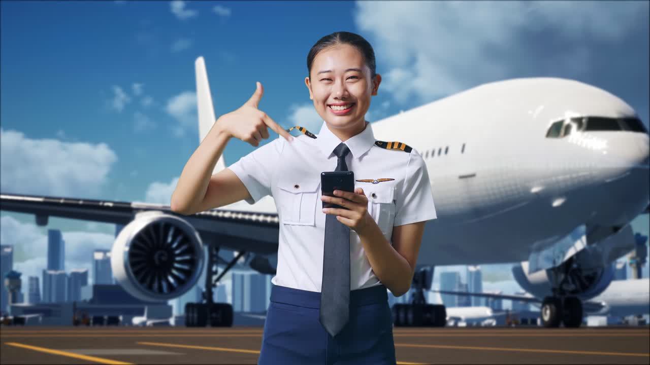 Asian Woman Pilot Smiling And Pointing To Smartphone In Her Hand While Standing In Airfield With Airplane On Background