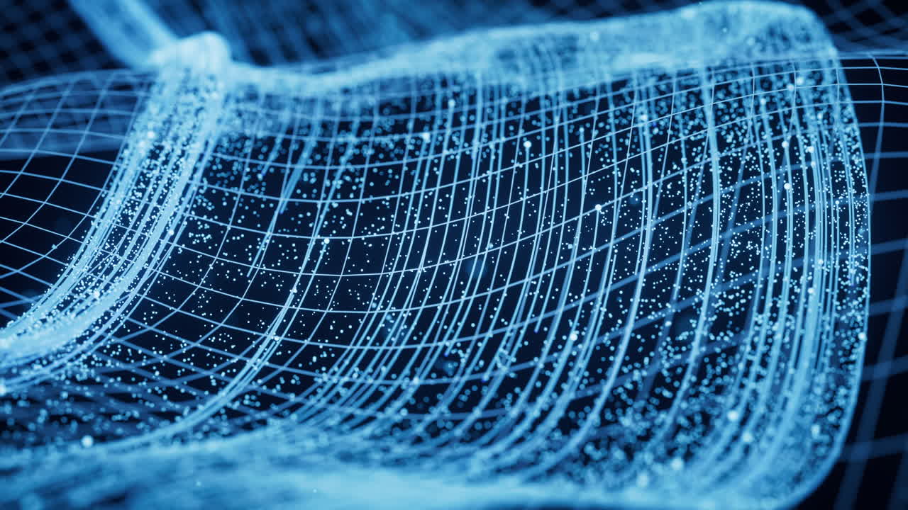 Flowing particles with glowing lines, 3d rendering.