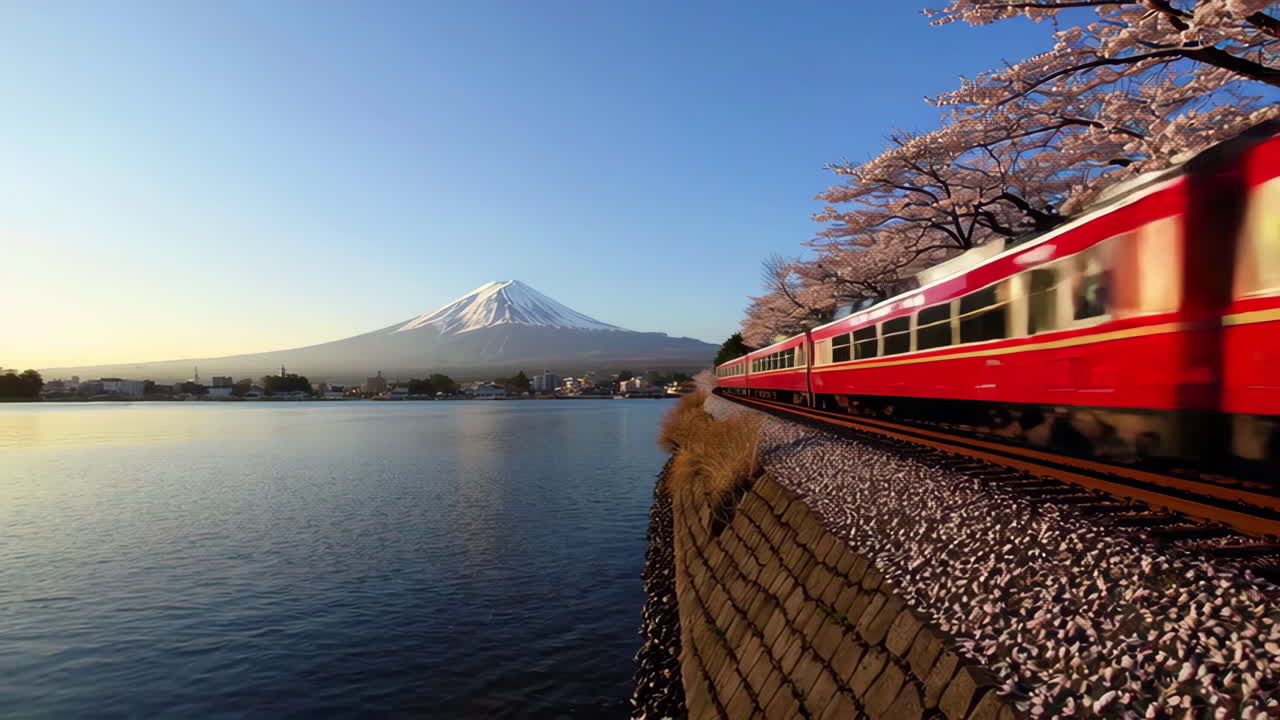 Red Train Through Cherry Blossoms and Mount Fuji