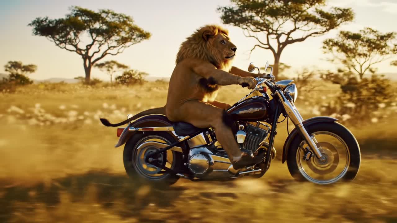 A lion confidently rides a motorcycle through a golden savannah landscape, showcasing a unique blend of nature and adventure under the warm glow of the sunset