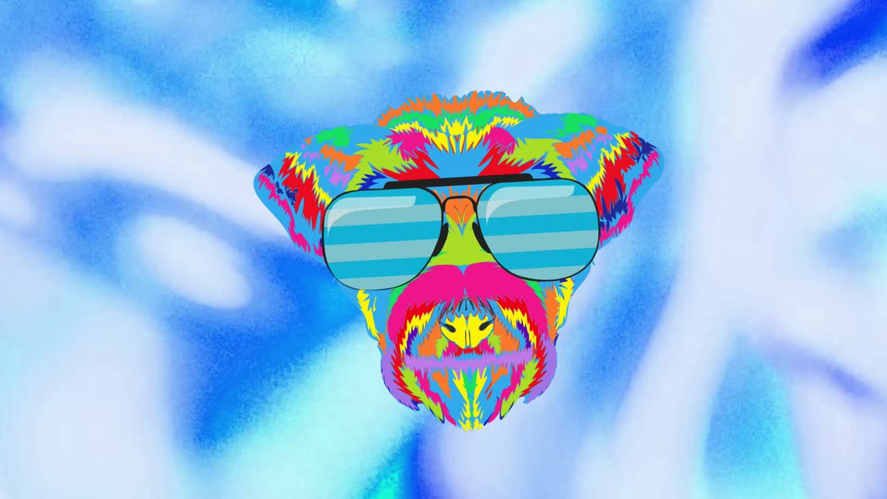 animación de un perro arco iris con gafas sobre un fondo azul