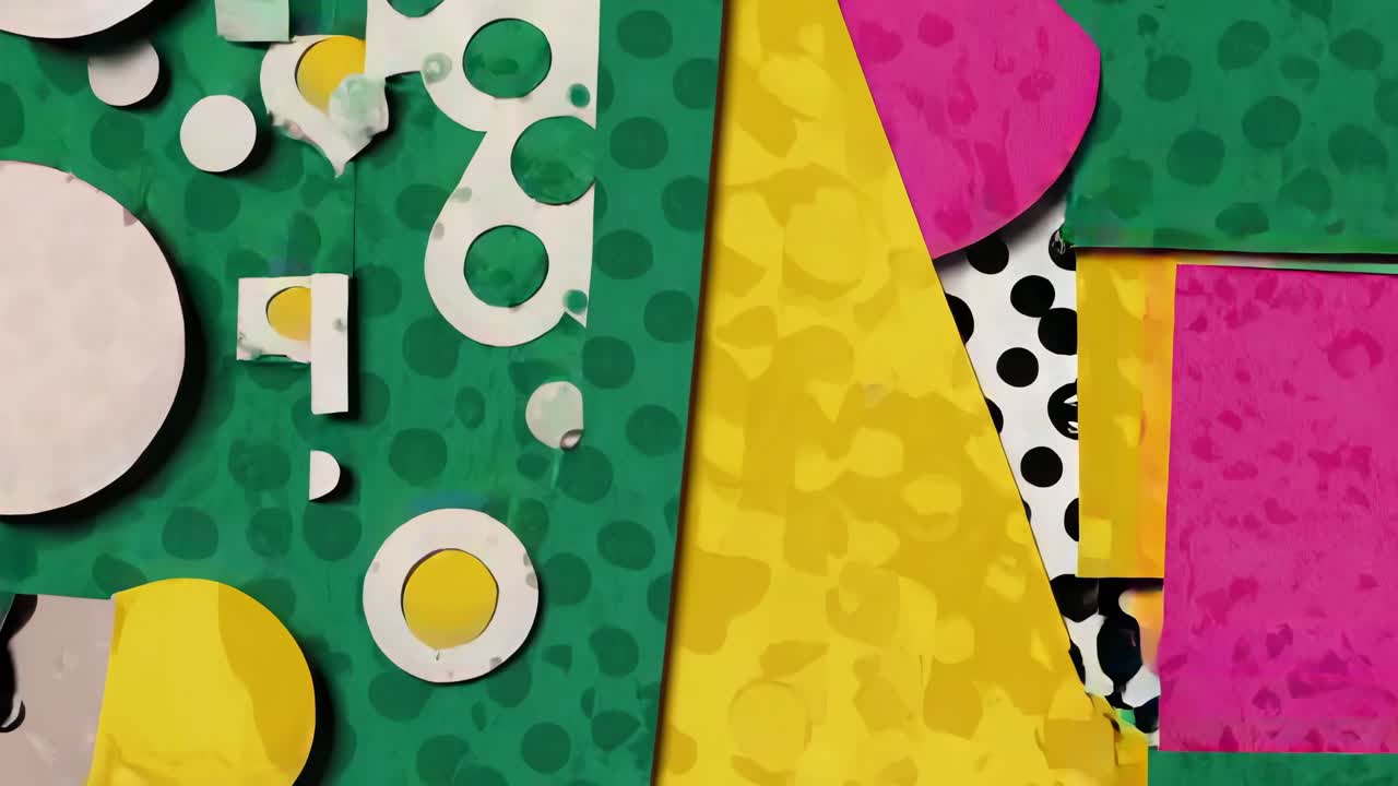 Colorful abstract video art with a top-down angle, featuring layered geometric shapes and bold