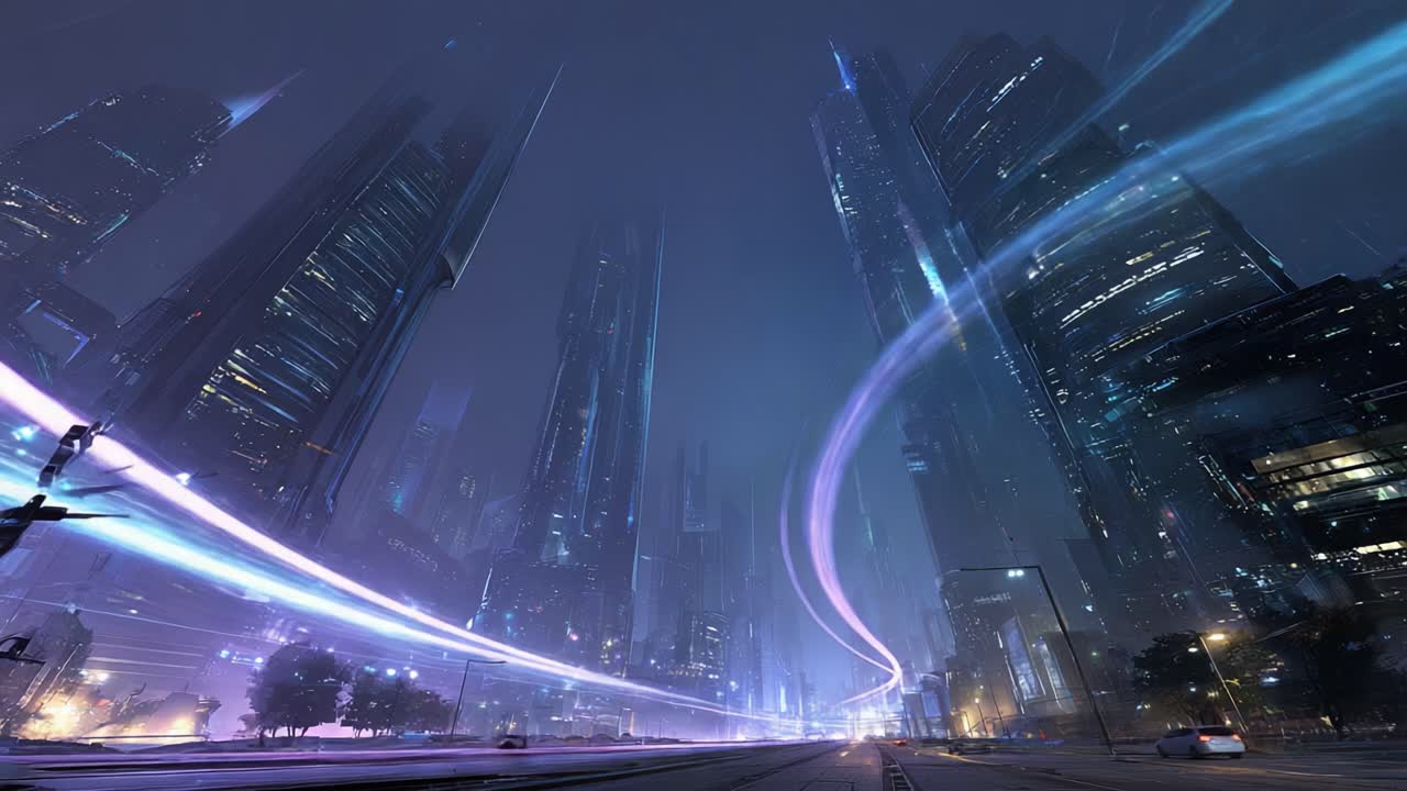 Futuristic Urban Landscape at Night Featuring Sleek Skyscrapers and Dynamic Light Trails Capturing the Essence of a Vibrant Cityscape in a Sci-fi Atmosphere