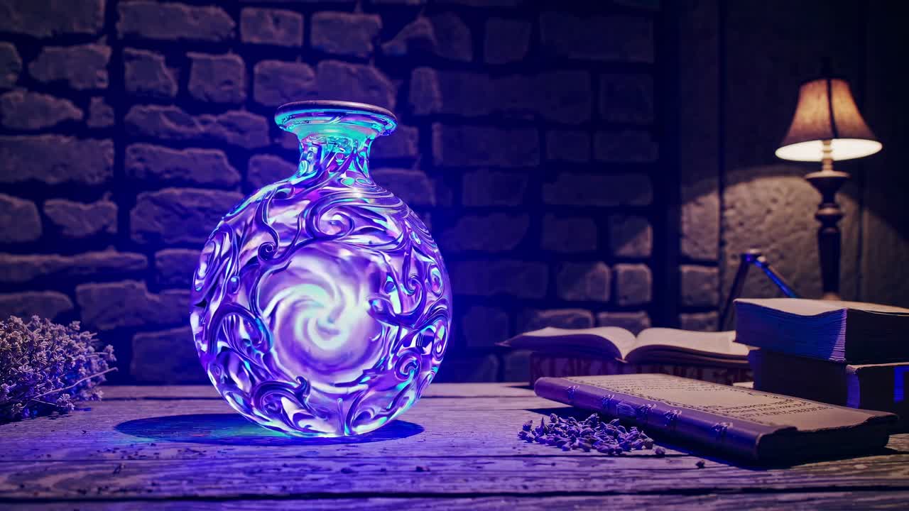 A mystical potion bottle glowing on a rustic table, captured in a low-angle shot
