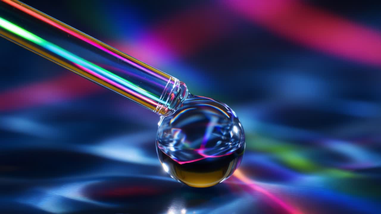 A captivating macro view of a glass pipette as it interacts with a perfectly rounded water droplet, showcasing stunning reflections and refractions against a colorful, wavy backdrop that illuminates the scene
