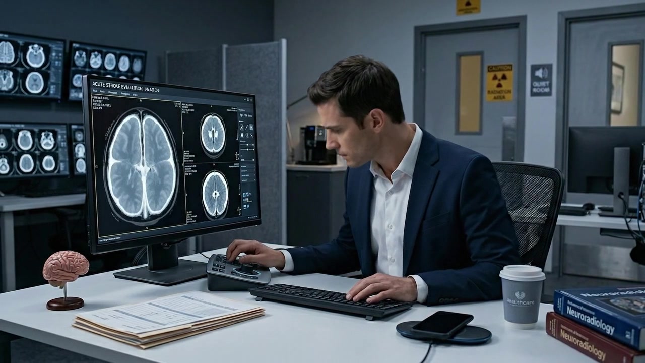 Medico che analizza immagini di scansione cerebrale in una moderna struttura sanitaria