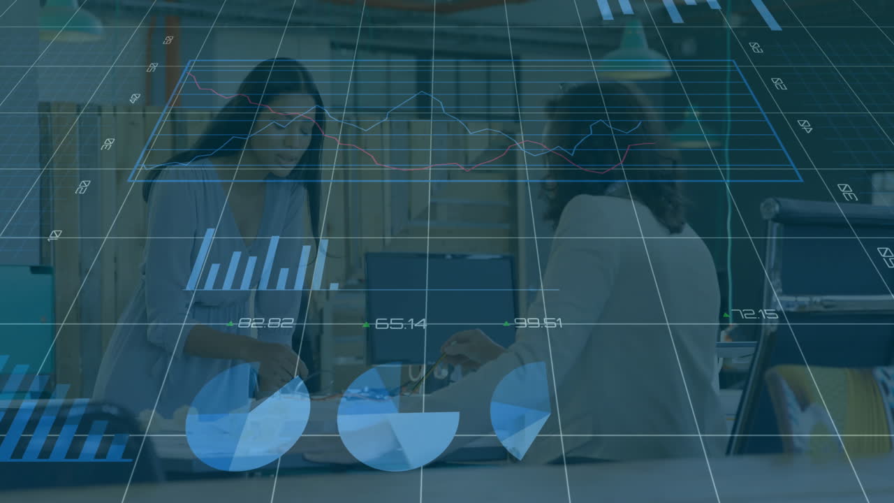 Financial data charts animation over business people working in office