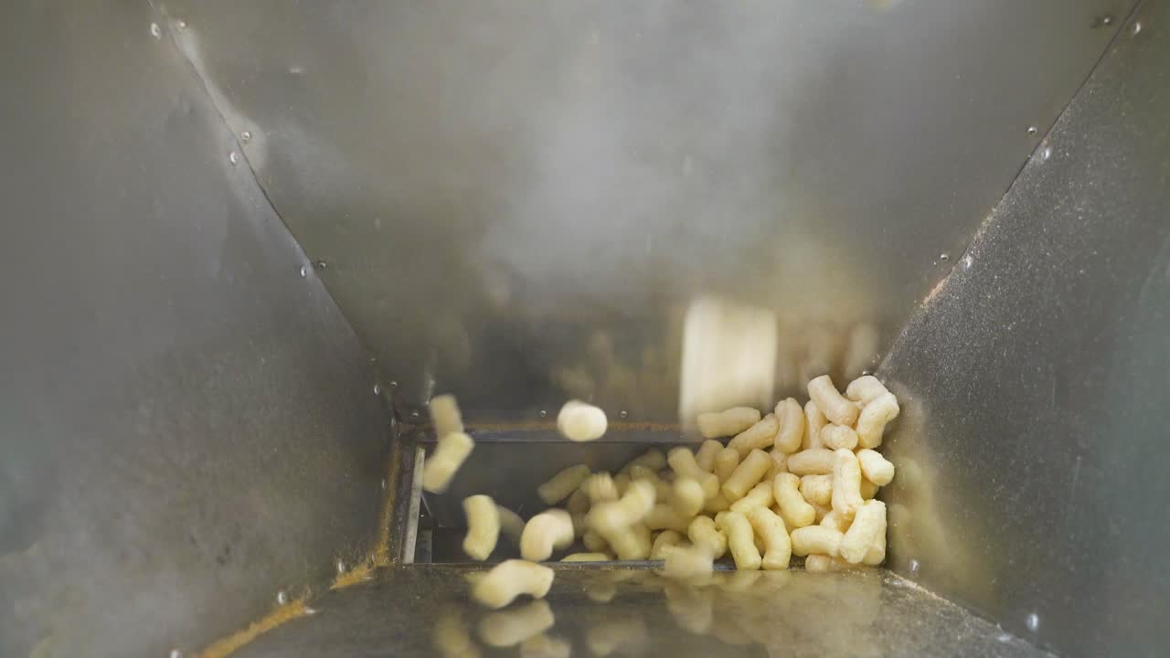 Yellow corn sticks falling down into a metal container. Automatic production of snacks in a food factory