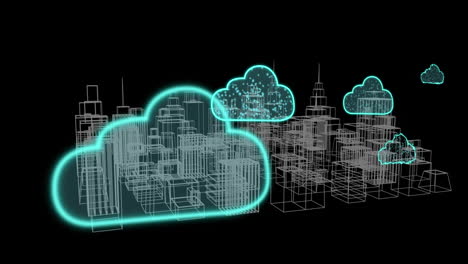 animation of digital clouds flying over 3d model of city