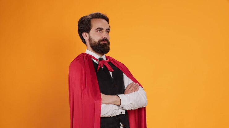 Un potente eroe della fantasia con il mantello rosso.