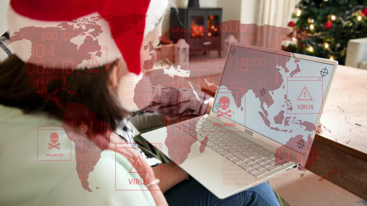Senior couple leaning toward laptop, red security map overlay intensifying, reacting to warnings