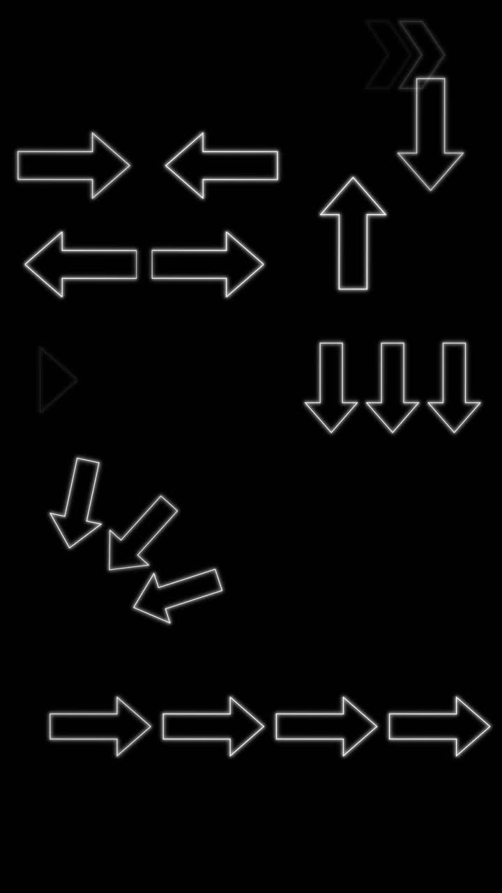 Multiple white neon arrows animate in various directions with glowing effects on black background