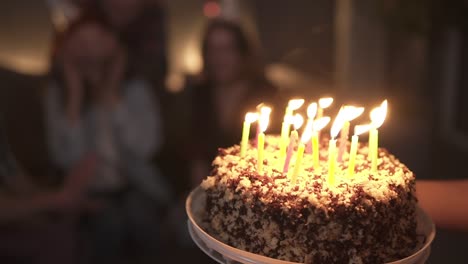 Close-Up-Footage,-Focus-Onbirthday-Cake-With-Burning-Candles