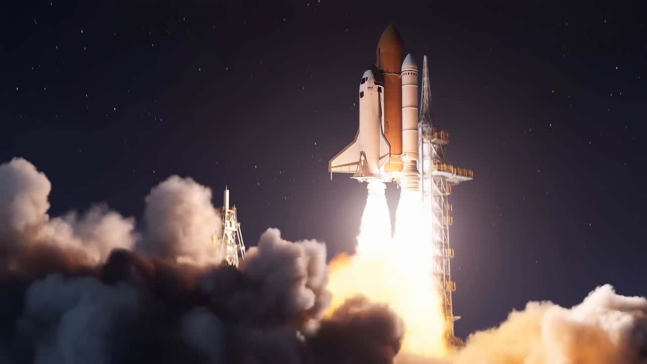 Space Shuttle Launching at Night with Bright Exhaust and Smoke