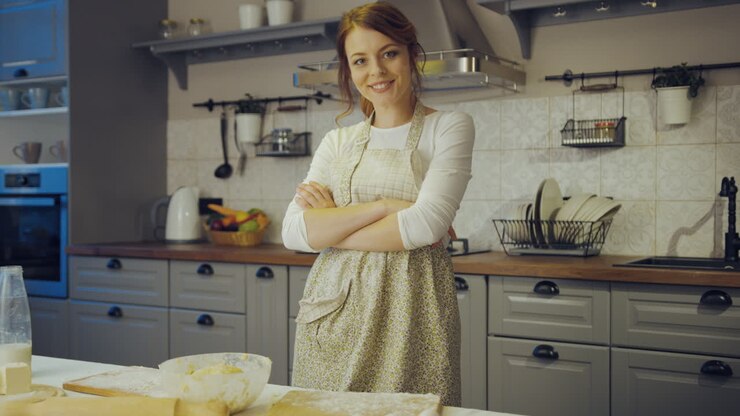 Portrait shot of the attractive woman in the apron and with a flour on her face smiling to the camera in the kitchen while baking and crossing her hands. Inside