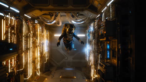 astronaut floating in a futuristic spaceship corridor