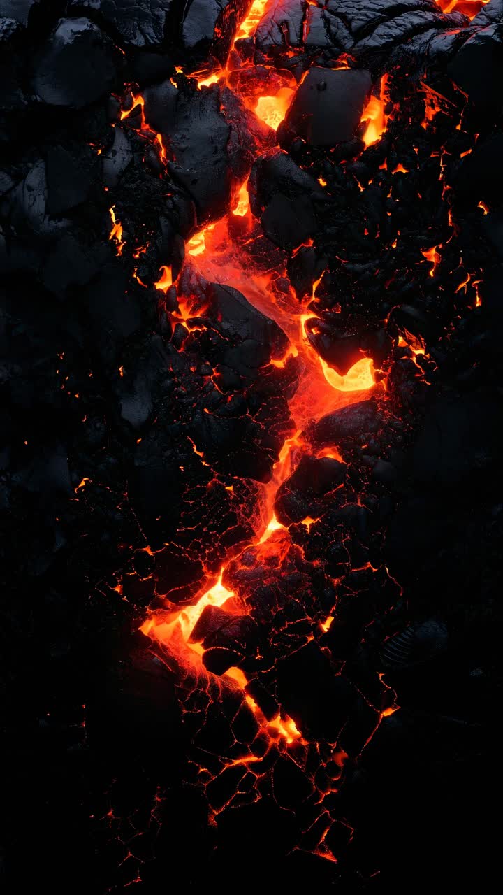 Aerial view of glowing lava cracks in dark rock, creating a dramatic, fiery landscape