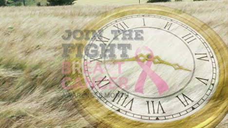 animación de unirse a la lucha contra el cáncer de mama texto con cinta rosa sobre el campo y el tictac del reloj