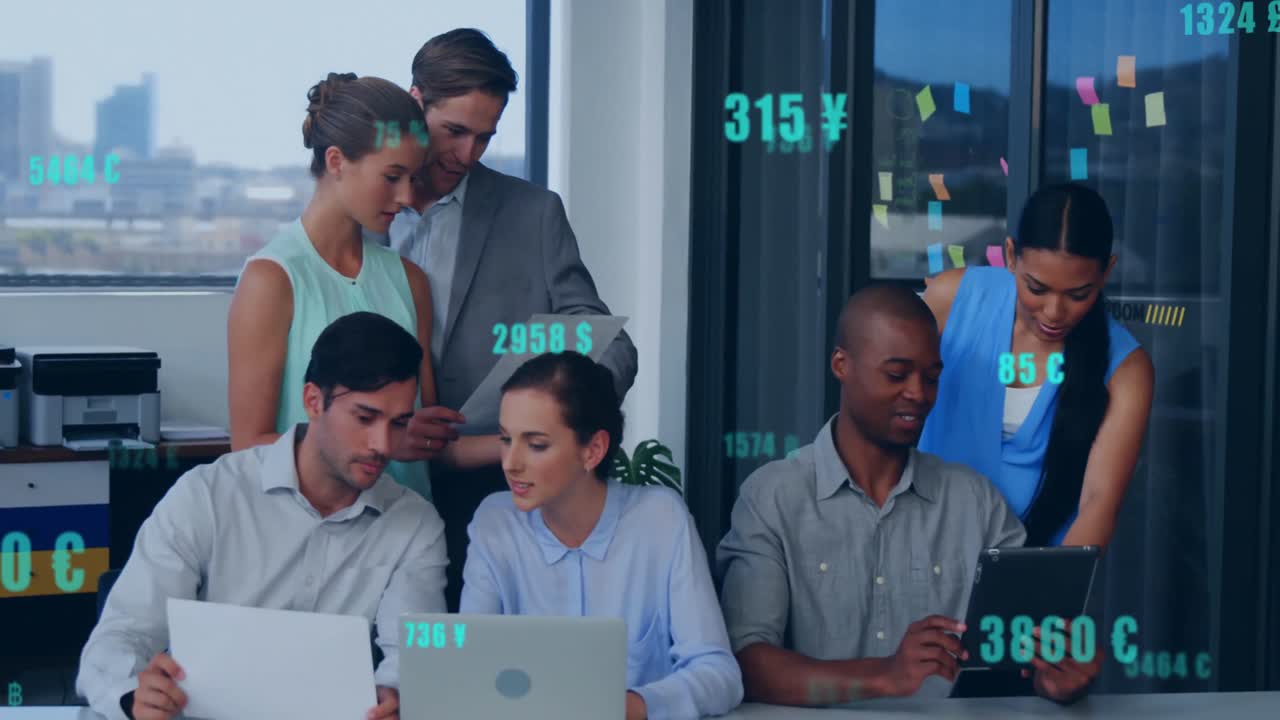 Animation of changing numbers with currency symbols over diverse coworkers discussing in office