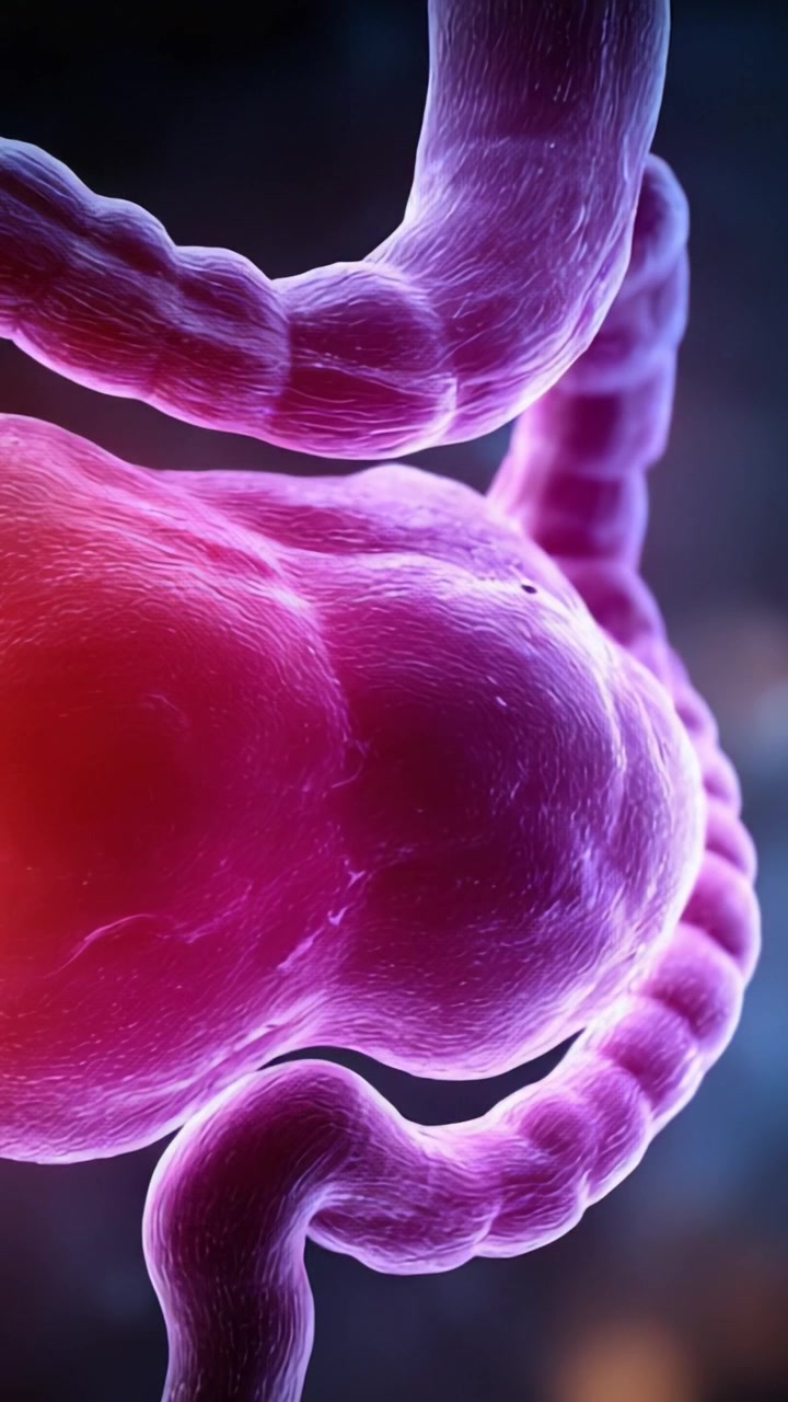 Una visualizzazione mozzafiato del tratto digestivo umano che evidenzia forme organiche e colori vivaci, rappresentando la biologia interna e le strutture cellulari in un design astratto.