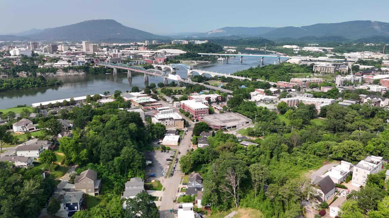 Aerial Drone Journey Over Chattanooga Riverfront, Tennessee