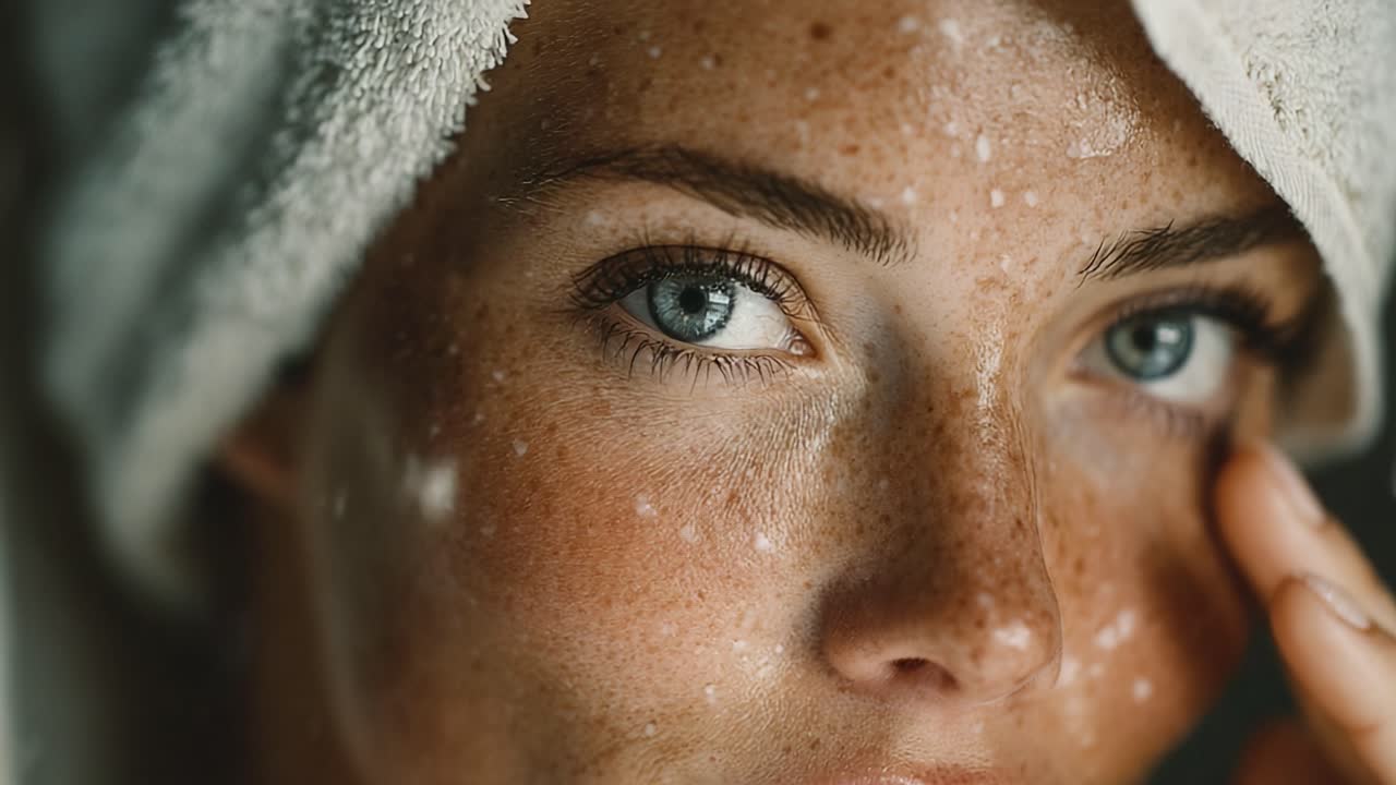 Close-up cativante de uma rotina de beleza: Uma mulher com pele radiante, sardas luminosas e uma expressão concentrada, mostrando a essência do autocuidado e do bem-estar da pele.