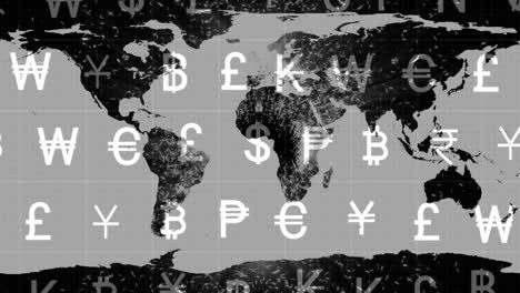 animation of world map with currency symbols overlaying continents in grayscale