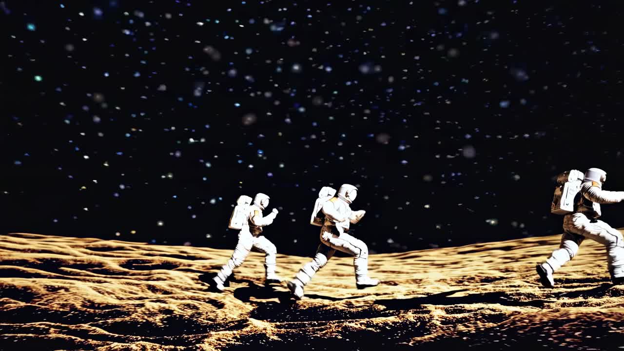 우주 비행사들이 밤에 화성 표면에서 달리고 있습니다.