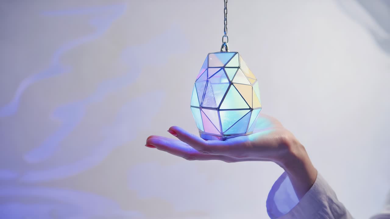 Hand holding a glowing geometric iridescent light