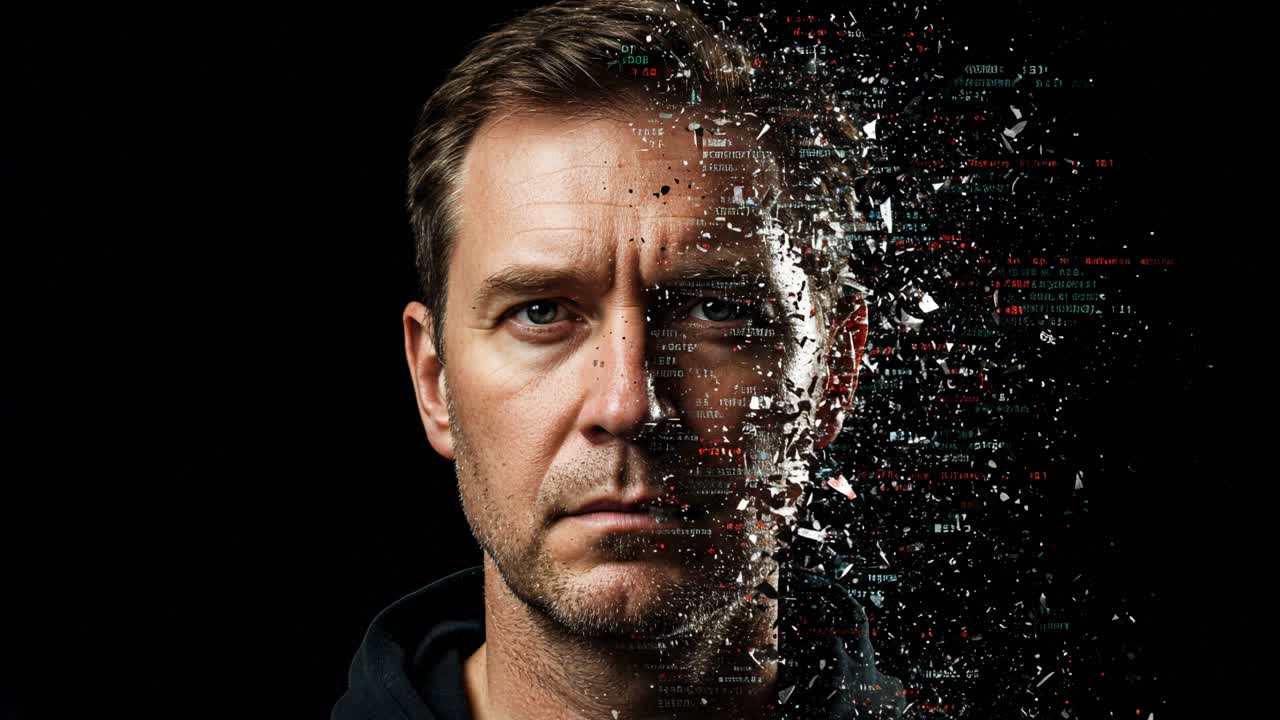 Emotionally charged portrait of a man with digital distortion revealing inner complexities in a creative setting