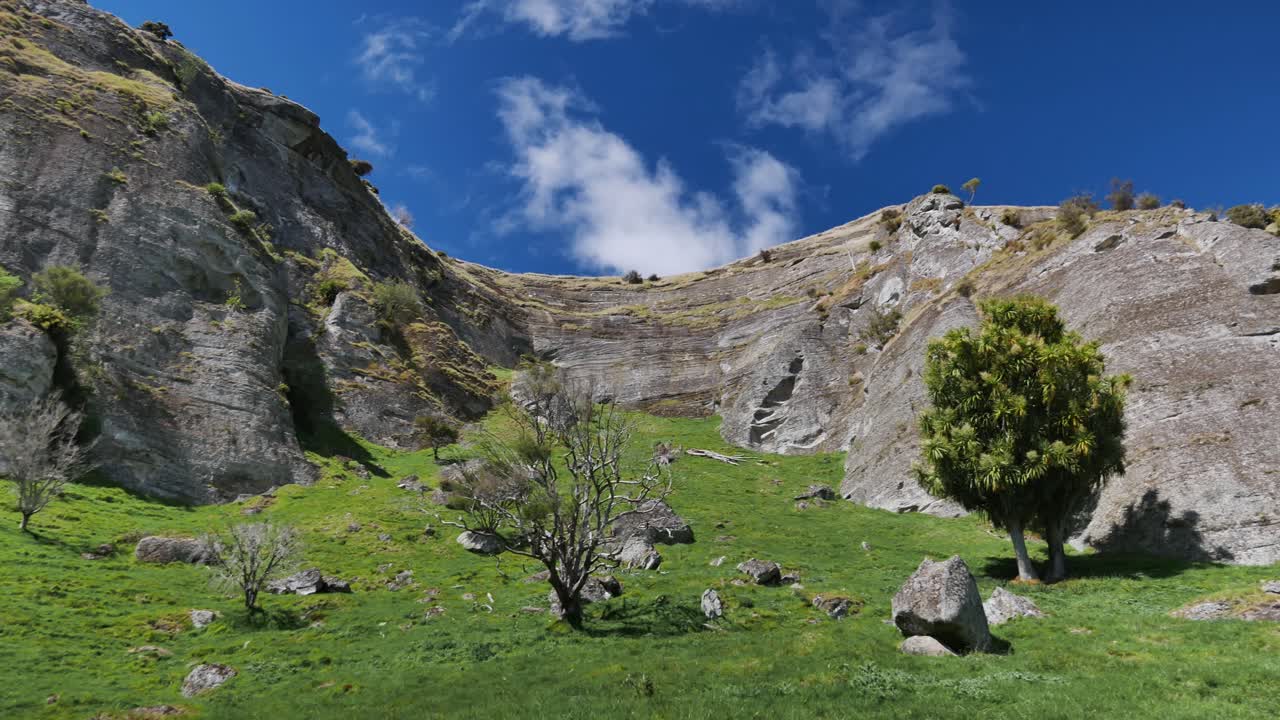 mirando hacia los acantilados de montaña con vegetación en el campo de nueva zelanda