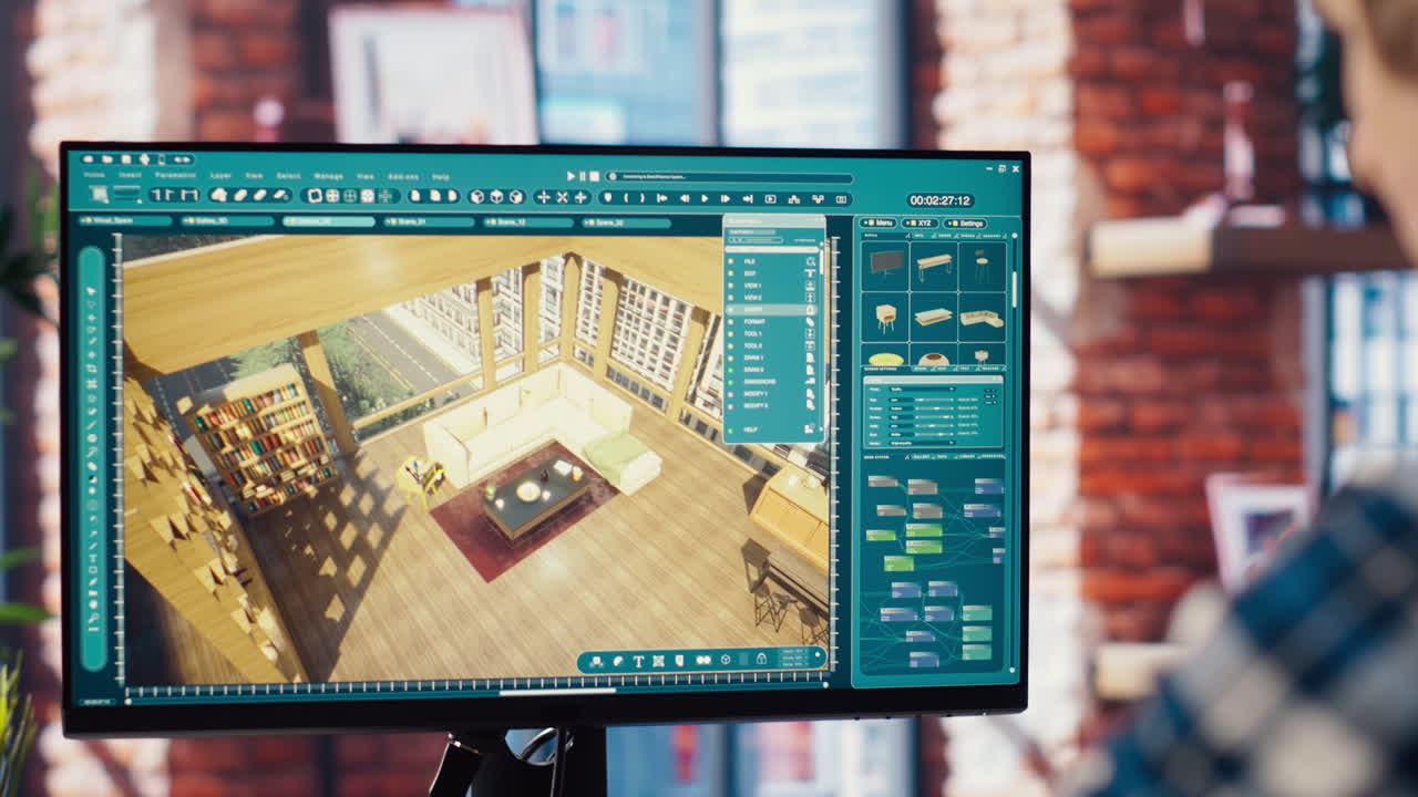 Assets being moved in 3D modeling architectural design software interface