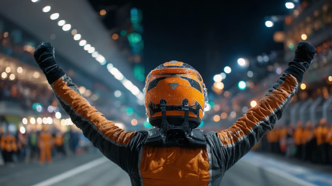 Fejrer sejr: En racerkører i orange dragt hæver armene i triumf efter en bemærkelsesværdig sejr under imponerende natlys