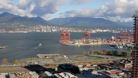 view of container terminal from gastown in downtown vancouver, canada