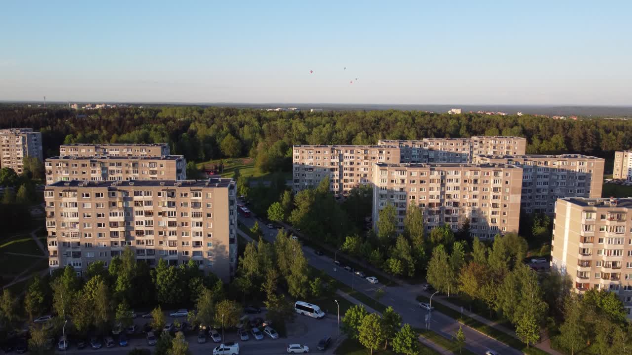 Ascending Shot with Air Balloons in Soviet Planned Residential District Fabijoniskes in Vilnius, Lithuania, HBO Chernobyl filming location