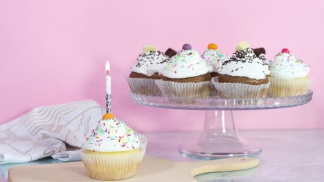 burning birthday candle on cup cake served for birthday party on the table