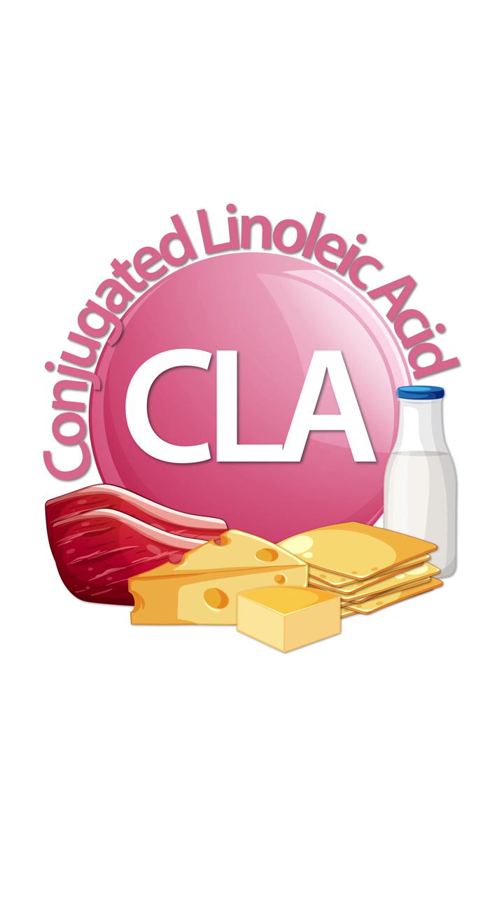 Un'animazione fluida introduce un badge CLA rosa, rivela il testo completo 'Acido Linoleico Coniugato' e aggiunge carne, formaggio e latte illustrati come fonti alimentari.