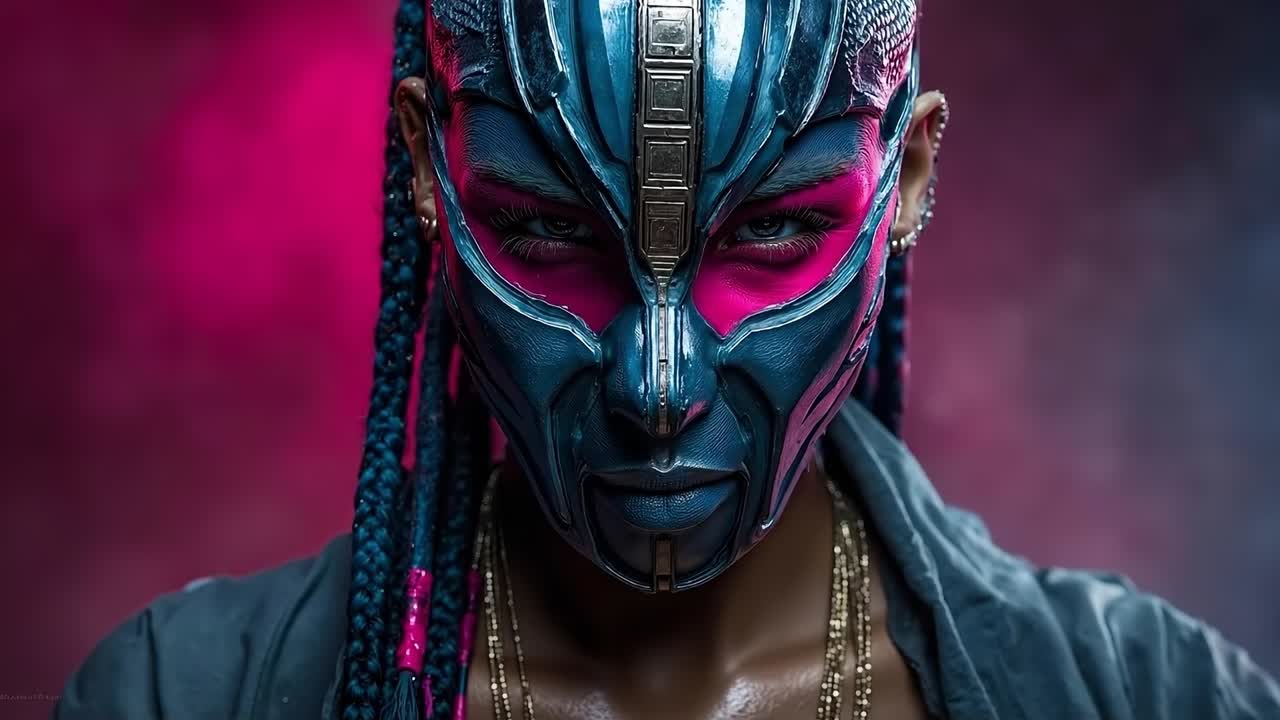 una mujer con una pintura facial azul y rosa en su cara