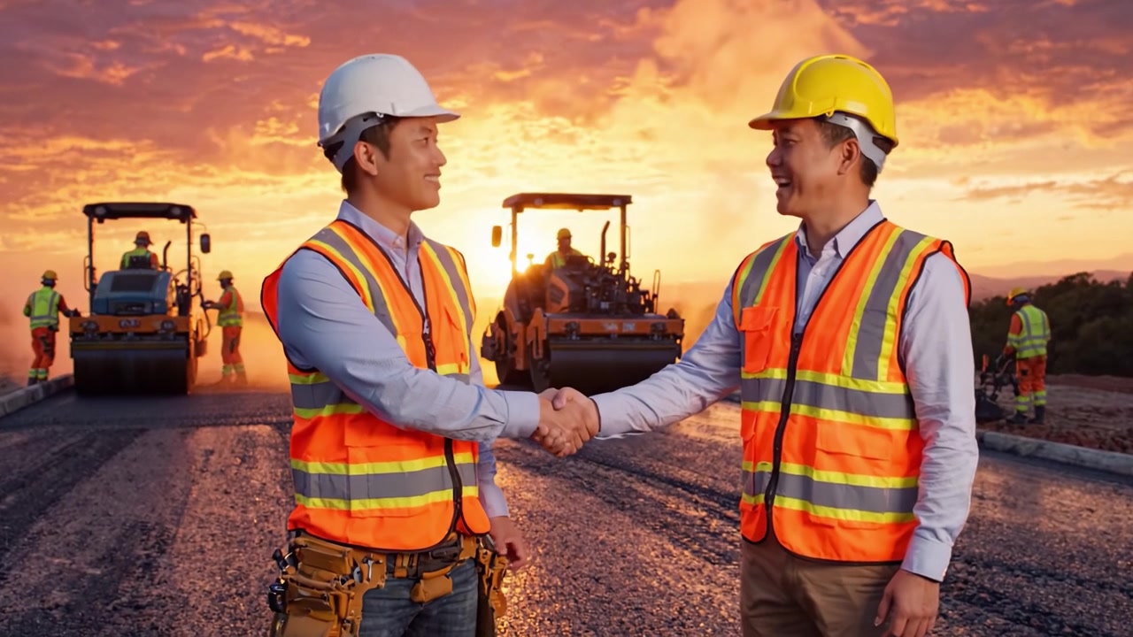 Two Construction Workers in Safety Gear Stand Proudly on a Road Project at Sunset, Highlighting Teamwork and Commitment to Quality in Infrastructure Development