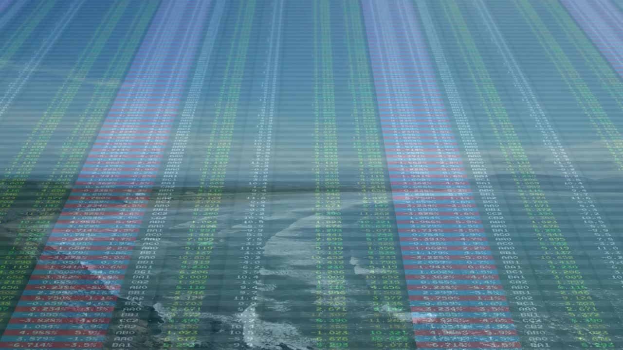 At start semi-transparent finance data overlay updating values over coast showing market trends