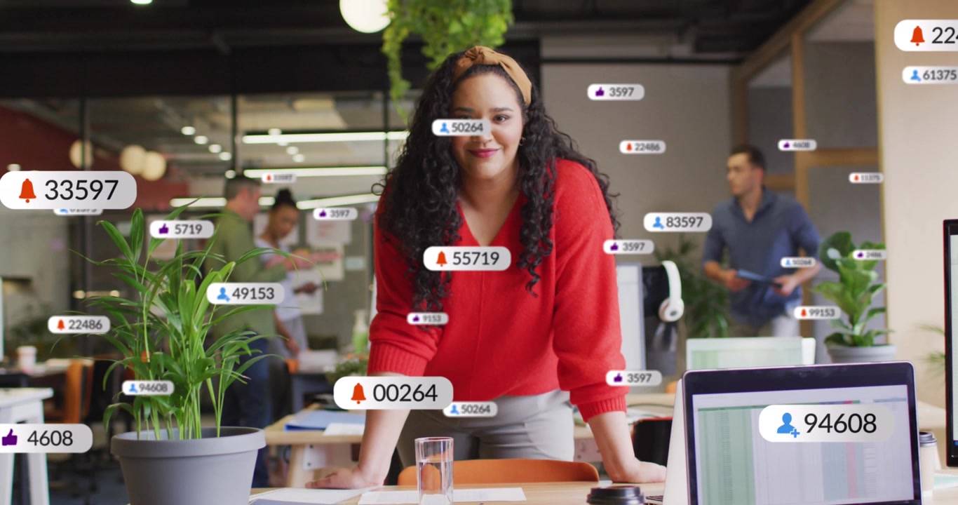 Animation of social media data processing over diverse business people in office